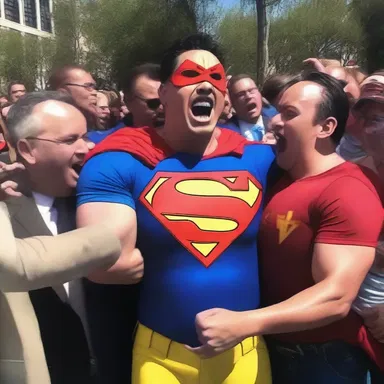 As the superhero rescued the hostages, his jubilation was evident on his face.