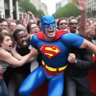 As the superhero rescued the hostages, his jubilation was evident on his face.
