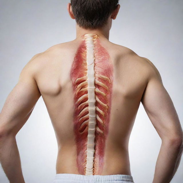 A vivid image illustrating a human backbone, unmistakably showing signs of a severe fracture or breakage