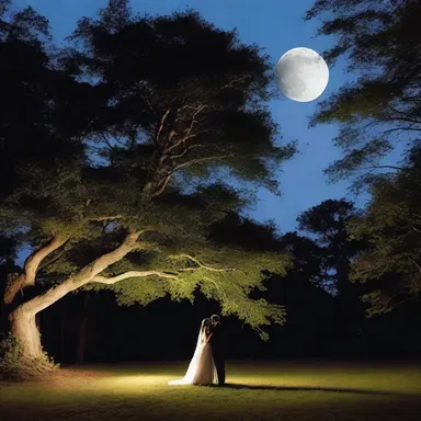 The moon, projecting above the treetops, created a romantic atmosphere for the couple's evening stroll.
