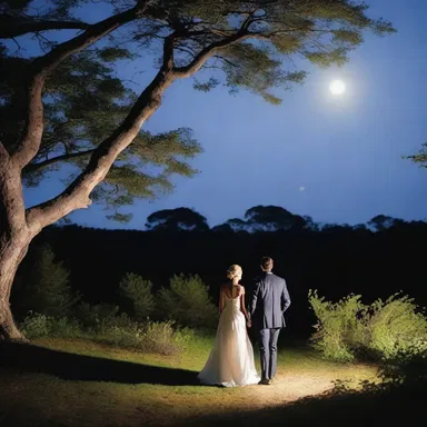 The moon, projecting above the treetops, created a romantic atmosphere for the couple's evening stroll.