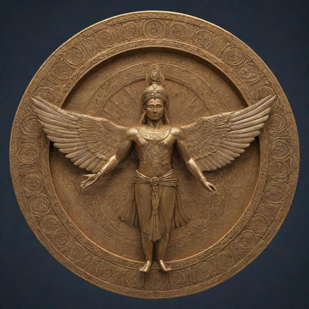 Render a detailed and impressive image of a Faravahar (Fravahar), a sacred Zoroastrian symbol depicting a human figure within a winged disk. The design should feature rich details, fine linework, and a golden color scheme.