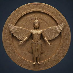 Render a detailed and impressive image of a Faravahar (Fravahar), a sacred Zoroastrian symbol depicting a human figure within a winged disk. The design should feature rich details, fine linework, and a golden color scheme.