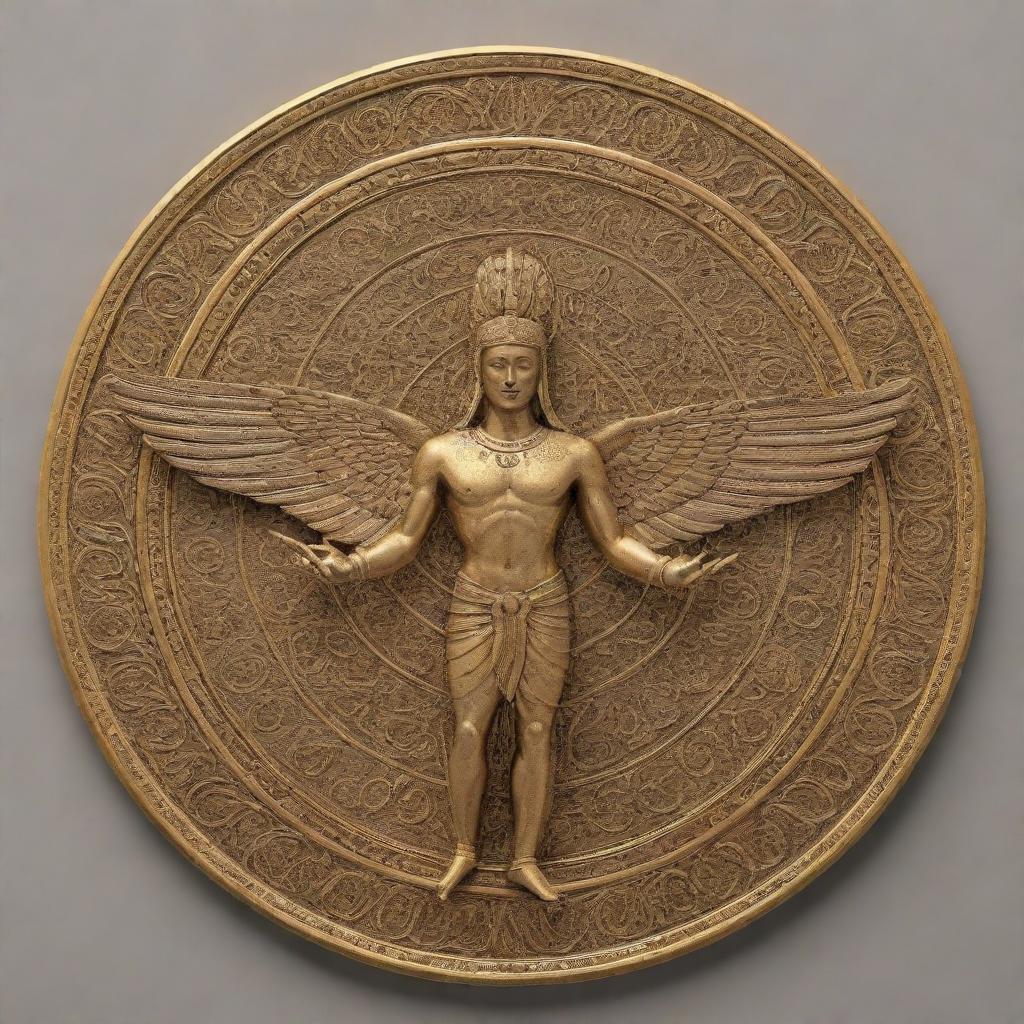 Render a detailed and impressive image of a Faravahar (Fravahar), a sacred Zoroastrian symbol depicting a human figure within a winged disk. The design should feature rich details, fine linework, and a golden color scheme.