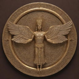 Render a detailed and impressive image of a Faravahar (Fravahar), a sacred Zoroastrian symbol depicting a human figure within a winged disk. The design should feature rich details, fine linework, and a golden color scheme.