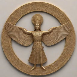 Render a detailed and impressive image of a Faravahar (Fravahar), a sacred Zoroastrian symbol depicting a human figure within a winged disk. The design should feature rich details, fine linework, and a golden color scheme.