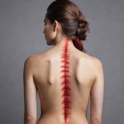 A striking image illustrating a woman's bare back, with the backbone highlighted in a vivid red color bringing attention to its structure