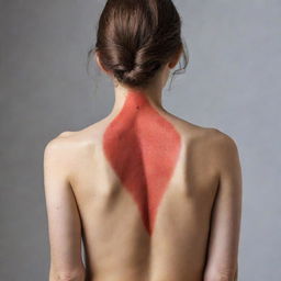 A striking image illustrating a woman's bare back, with the backbone highlighted in a vivid red color bringing attention to its structure