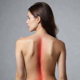 A striking image illustrating a woman's bare back, with the backbone highlighted in a vivid red color bringing attention to its structure