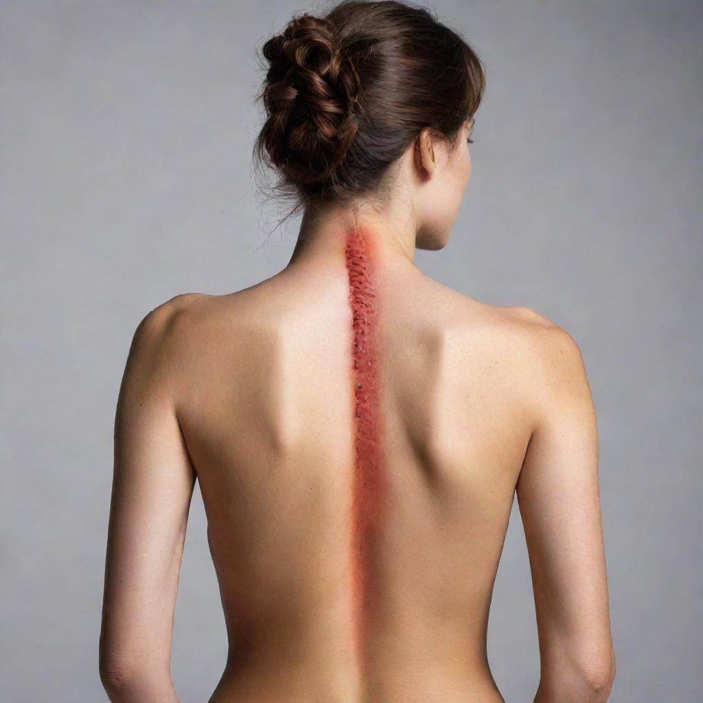 A striking image illustrating a woman's bare back, with the backbone highlighted in a vivid red color bringing attention to its structure