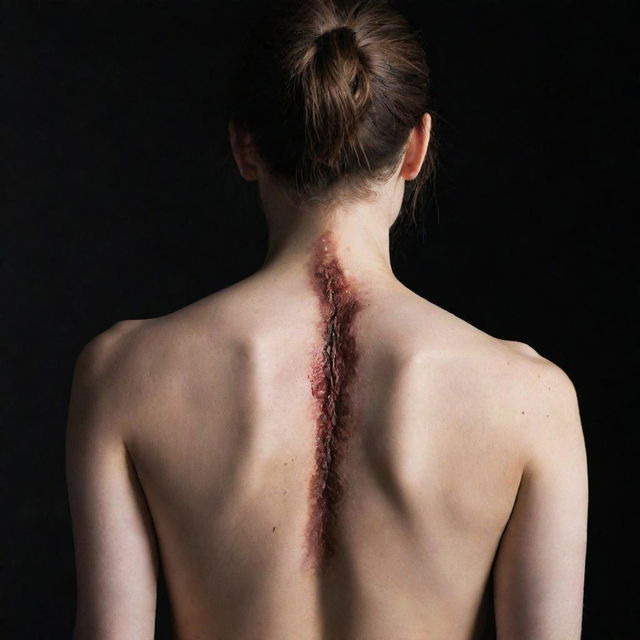 A graphic and intense image of a woman's bare back, spotlighting an open wound revealing the backbone beneath