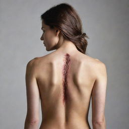 A graphic and intense image of a woman's bare back, spotlighting an open wound revealing the backbone beneath