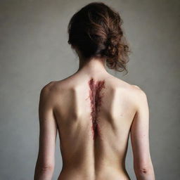 A graphic and intense image of a woman's bare back, spotlighting an open wound revealing the backbone beneath