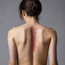 A graphic and intense image of a woman's bare back, spotlighting an open wound revealing the backbone beneath