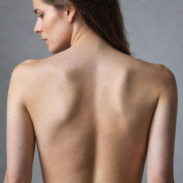 A detailed image showcasing a woman's bare back, accentuating visible and unsettling signs of broken bones