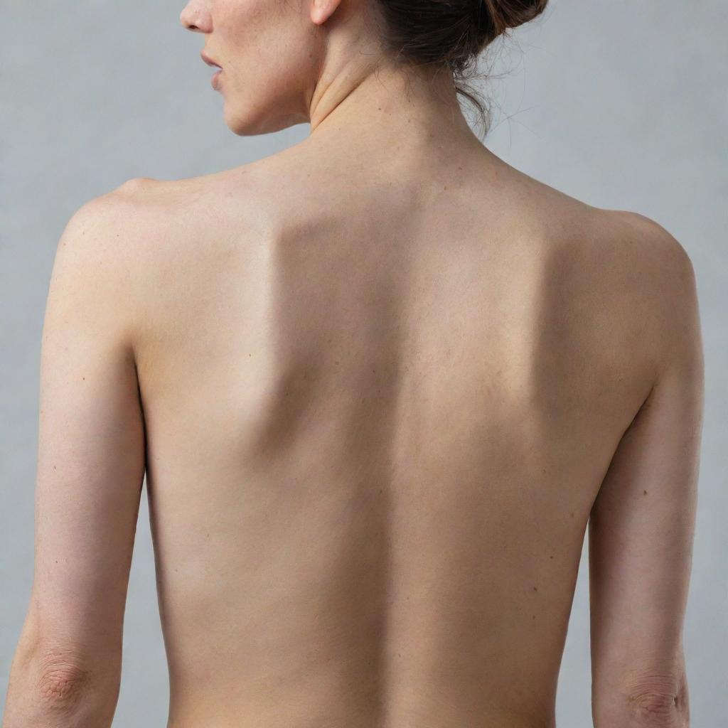 A detailed image showcasing a woman's bare back, accentuating visible and unsettling signs of broken bones