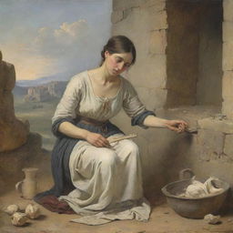 A historical scene depicting a woman enduring the hardship of broken bones in a bygone, ancient era