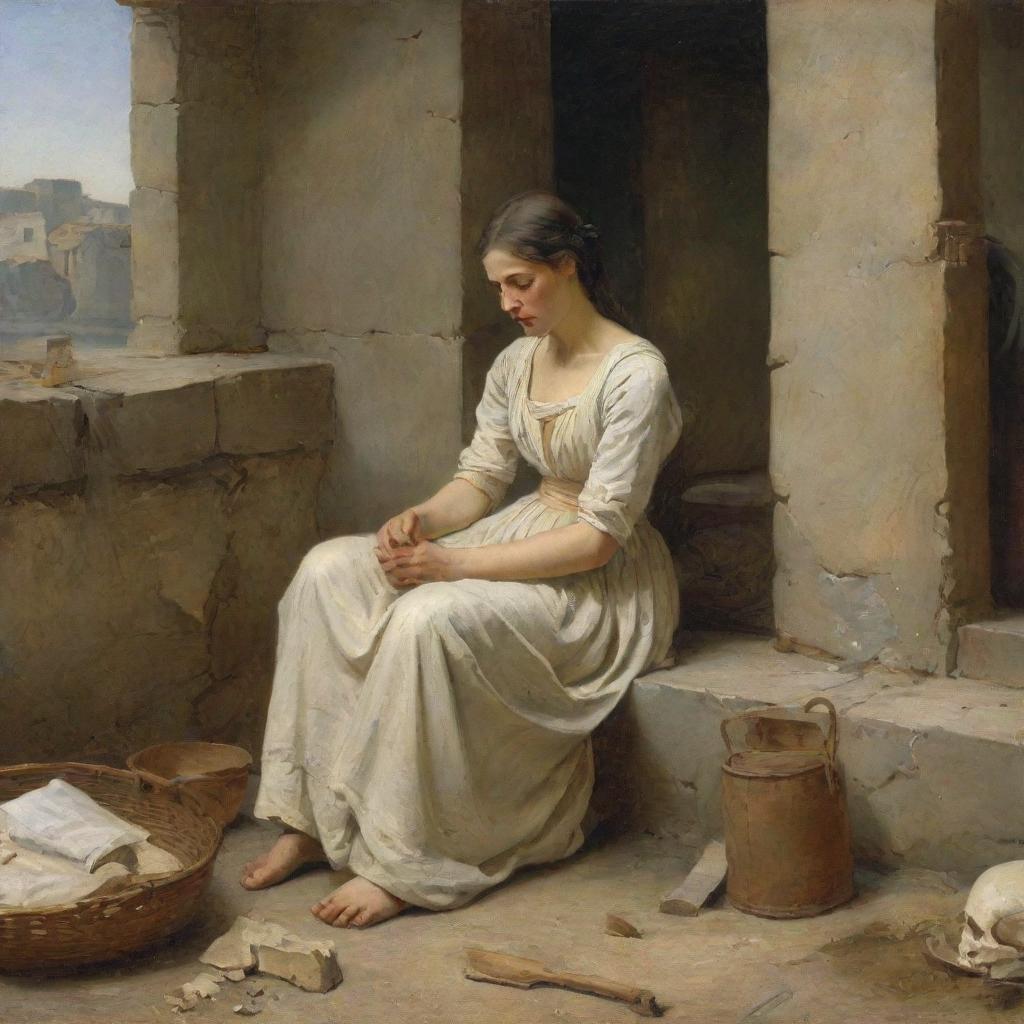 A historical scene depicting a woman enduring the hardship of broken bones in a bygone, ancient era