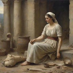 A historical scene depicting a woman enduring the hardship of broken bones in a bygone, ancient era