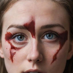 A dramatic image focusing on a woman's eyes, covered by a bloody patch, conveying a scene of intense distress or injury