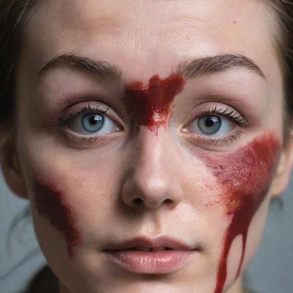 A dramatic image focusing on a woman's eyes, covered by a bloody patch, conveying a scene of intense distress or injury