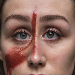 A dramatic image focusing on a woman's eyes, covered by a bloody patch, conveying a scene of intense distress or injury