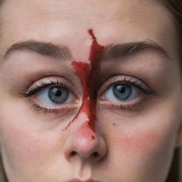 A dramatic image focusing on a woman's eyes, covered by a bloody patch, conveying a scene of intense distress or injury