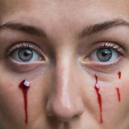 An intense, unsettling image of a woman's eyes, with blood trickling down, signifying acute distress or serious injury