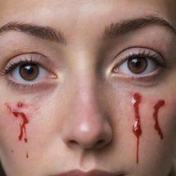 An intense, unsettling image of a woman's eyes, with blood trickling down, signifying acute distress or serious injury