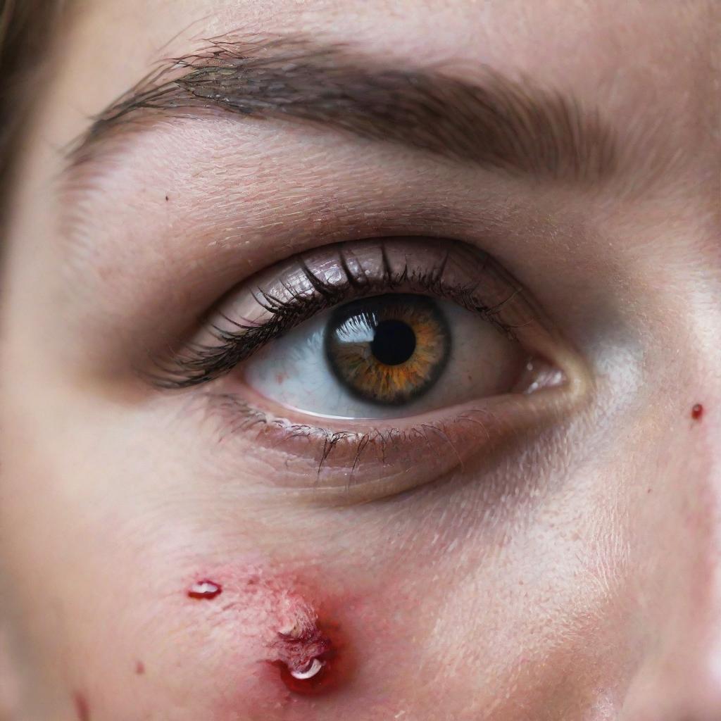 An intense, unsettling image of a woman's eyes, with blood trickling down, signifying acute distress or serious injury