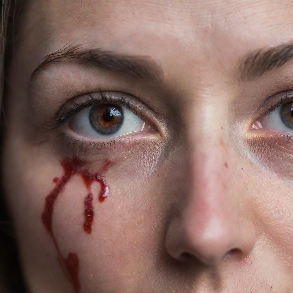 An intense, unsettling image of a woman's eyes, with blood trickling down, signifying acute distress or serious injury