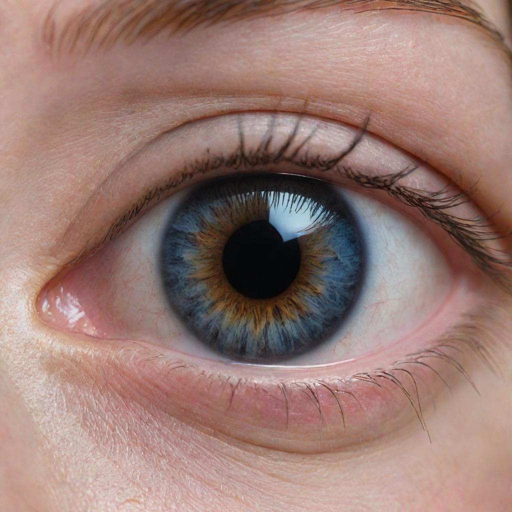 A detailed, close-up image of a woman's iris, depicted in a distressing situation where internal ocular bleeding is visible, signifying severe trauma