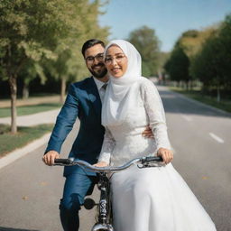 Bride with a hijab and a groom with glasses riding a bike together on a sunny day