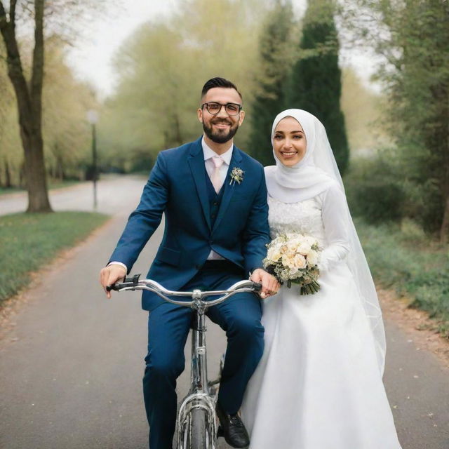 Bride with a hijab and a groom with glasses riding a bike together on a sunny day