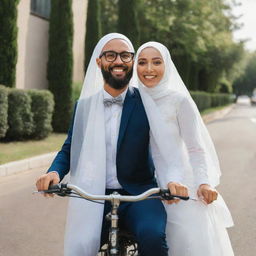 Bride with a hijab and a groom with glasses riding a bike together on a sunny day