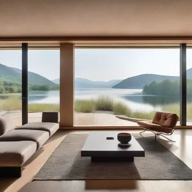 The architect designed a modern and spacious living room with a large window overlooking the supernatant lake.