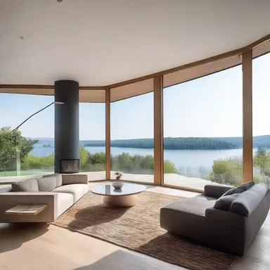 The architect designed a modern and spacious living room with a large window overlooking the supernatant lake.