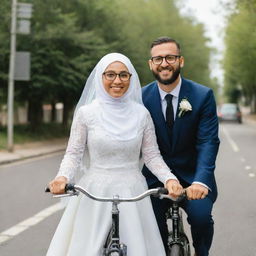 Bride with a hijab and a groom with glasses riding a bike together on a sunny day