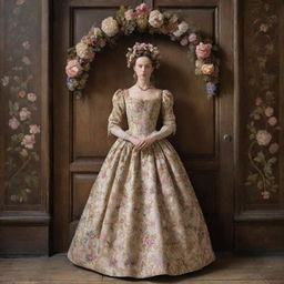 A whimsically imaginative image of a woman with a head made of blossoming flowers, in the 17th century, approaching a grand wooden door while donned in a beautifully detailed, flower-patterned gown