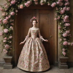 A whimsically imaginative image of a woman with a head made of blossoming flowers, in the 17th century, approaching a grand wooden door while donned in a beautifully detailed, flower-patterned gown