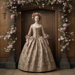 A whimsically imaginative image of a woman with a head made of blossoming flowers, in the 17th century, approaching a grand wooden door while donned in a beautifully detailed, flower-patterned gown