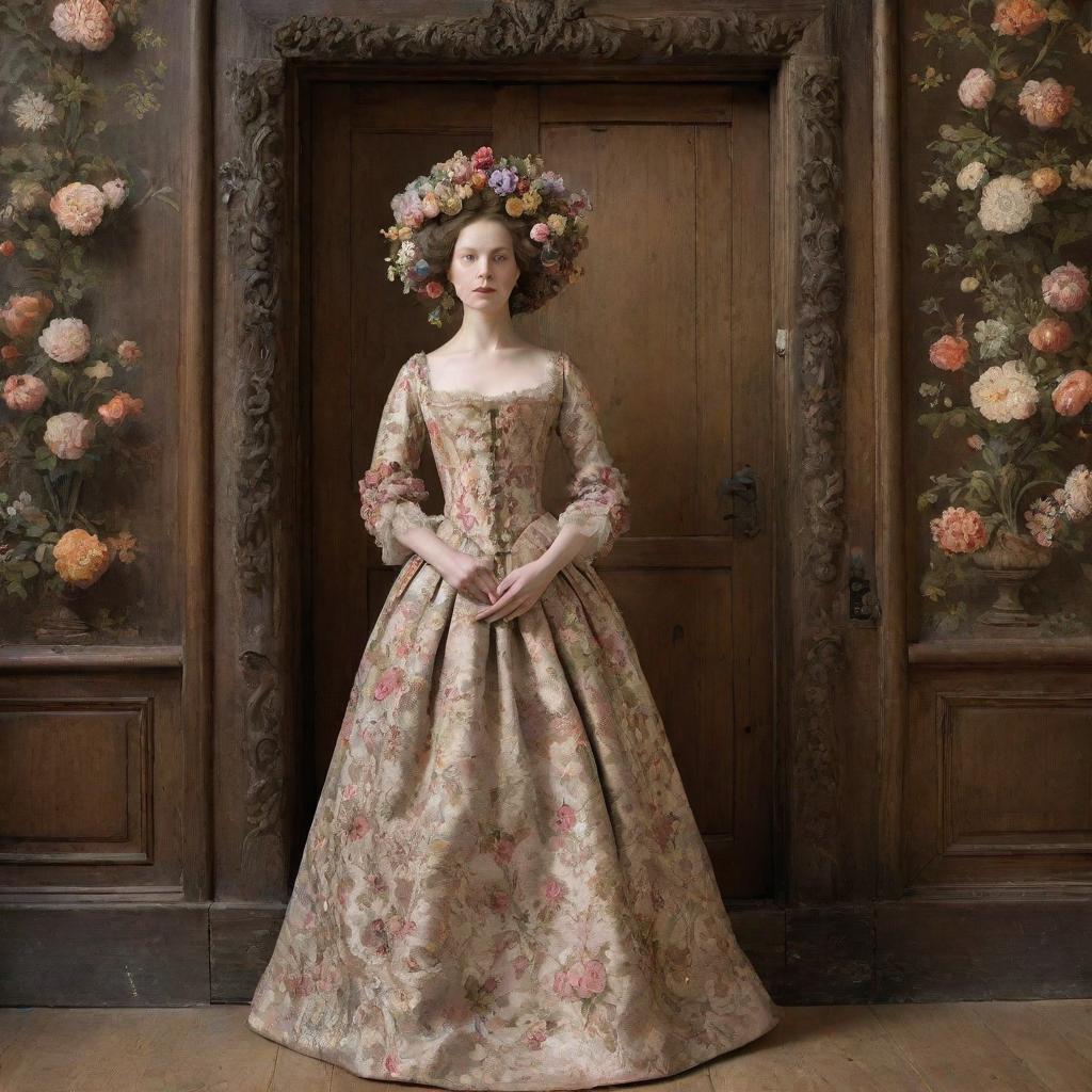 A whimsically imaginative image of a woman with a head made of blossoming flowers, in the 17th century, approaching a grand wooden door while donned in a beautifully detailed, flower-patterned gown