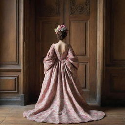 A captivating image from behind of a woman with a head resembling a blossoming flower, in the 17th century, walking towards a massive wooden door, her garb a stunning gown decorated with floral elements