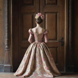 A captivating image from behind of a woman with a head resembling a blossoming flower, in the 17th century, walking towards a massive wooden door, her garb a stunning gown decorated with floral elements