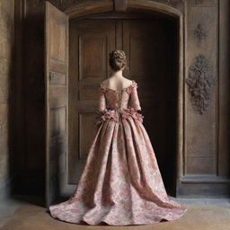 A captivating image from behind of a woman with a head resembling a blossoming flower, in the 17th century, walking towards a massive wooden door, her garb a stunning gown decorated with floral elements