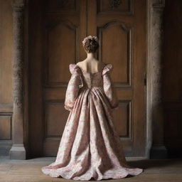 A captivating image from behind of a woman with a head resembling a blossoming flower, in the 17th century, walking towards a massive wooden door, her garb a stunning gown decorated with floral elements