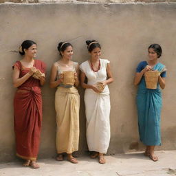 Women from 500 B.C engaging in daily activities, adorned in traditional attire specific to that time period.