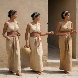 Women from 500 B.C engaging in daily activities, adorned in traditional attire specific to that time period.