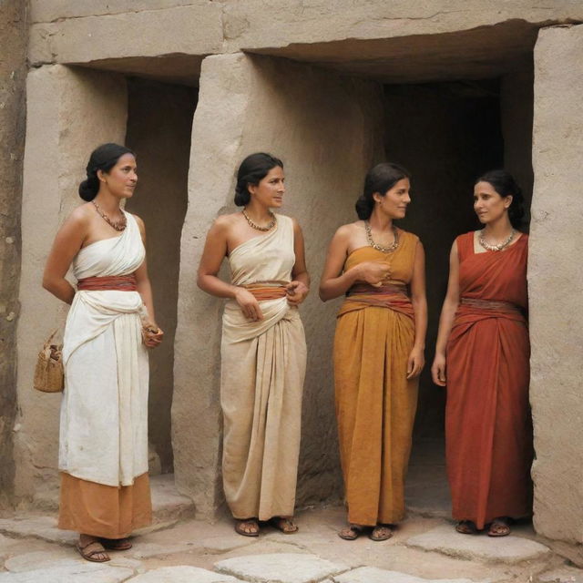 Women from 500 B.C engaging in daily activities, adorned in traditional attire specific to that time period.