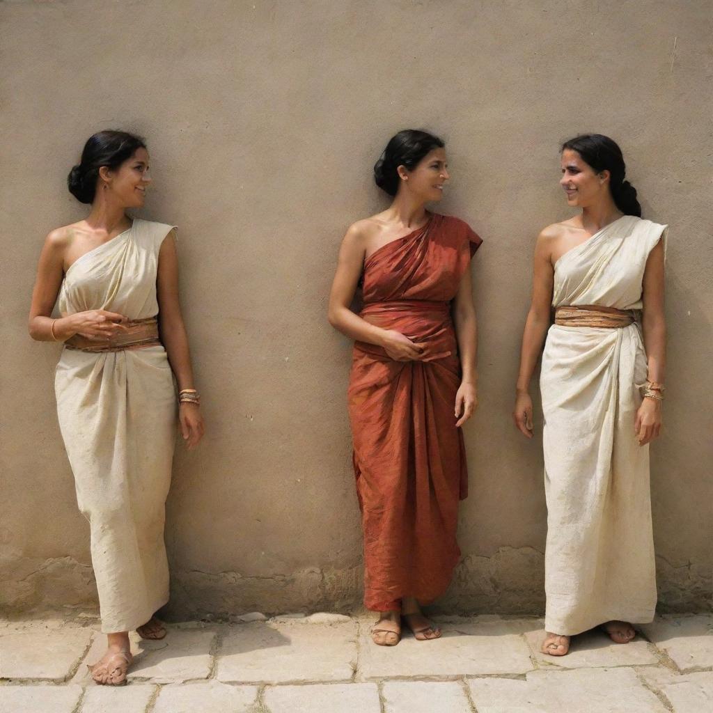 Women from 500 B.C engaging in daily activities, adorned in traditional attire specific to that time period.